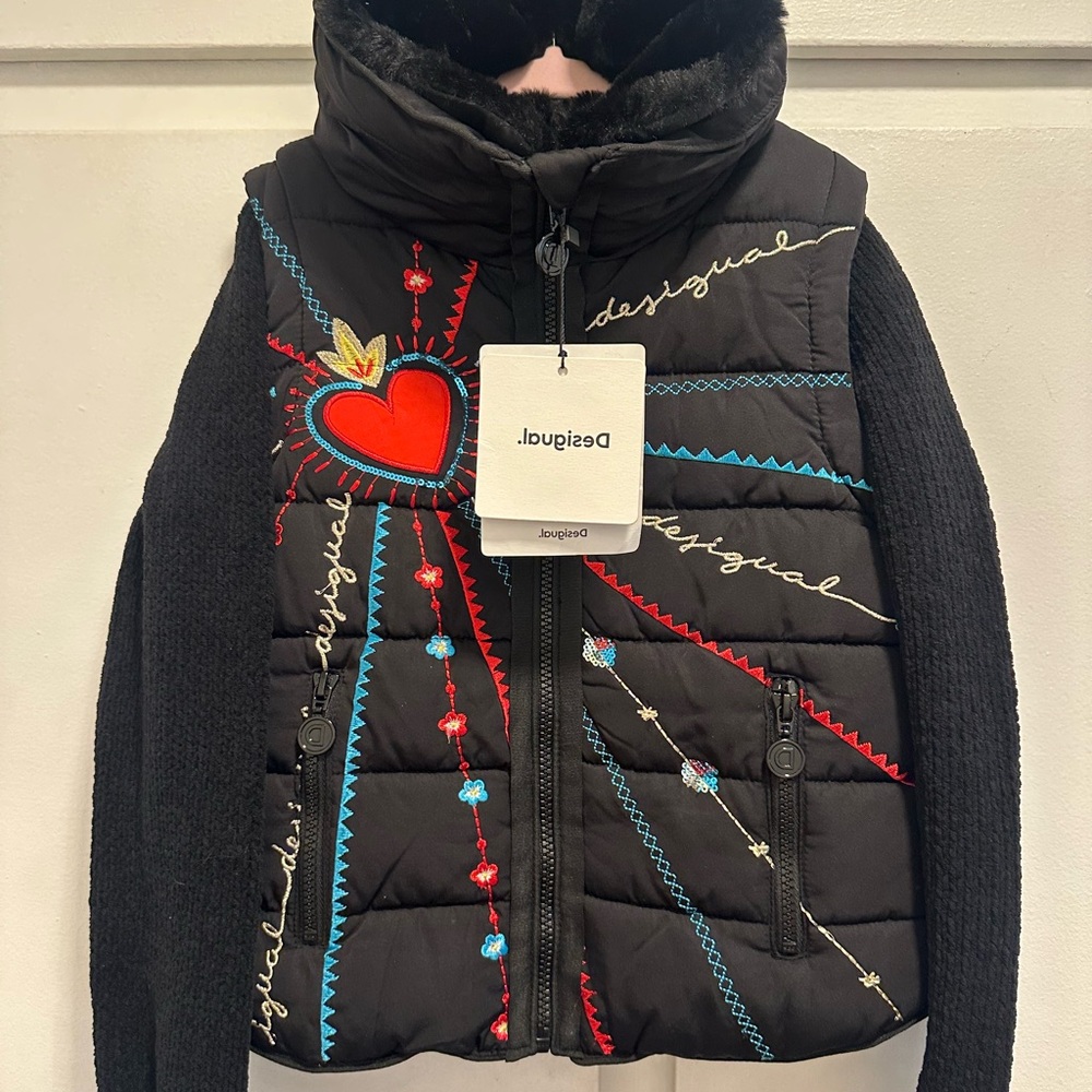 Desigual Kids Black Puffer Jacket with Colorful Heart Embroidery